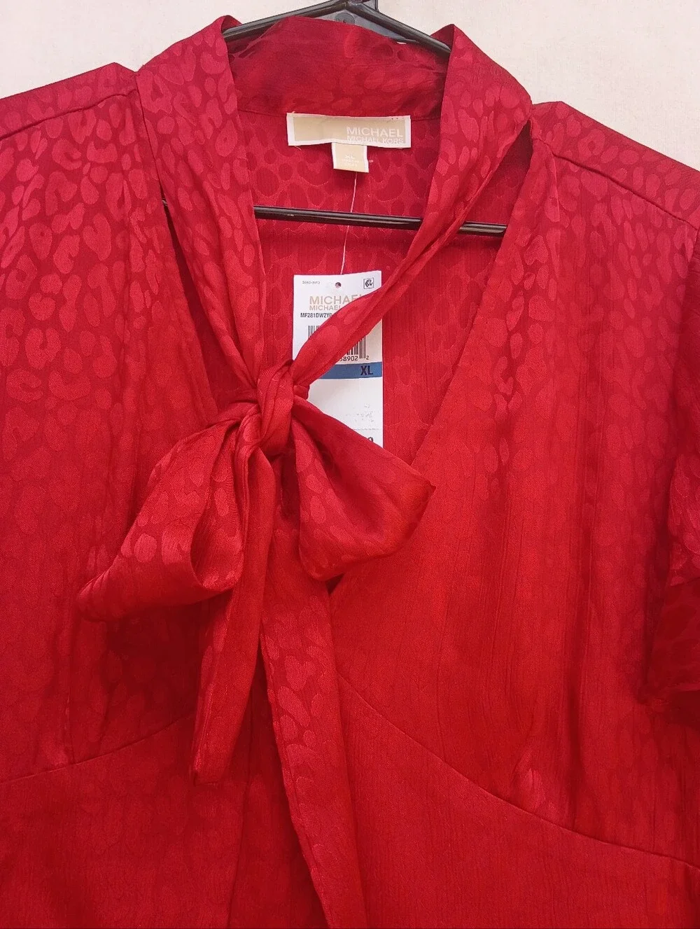 Michael Kors Red Jacquard Cheetah Print Tie Neck Midi Dress